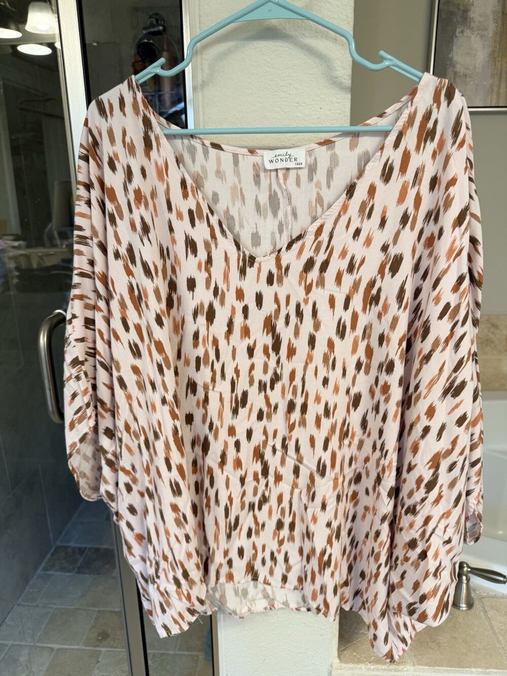 Emily Wonder Womens 1X 2X Boho Blouse Neutral Animal Print Flowy Rayon Top Plus